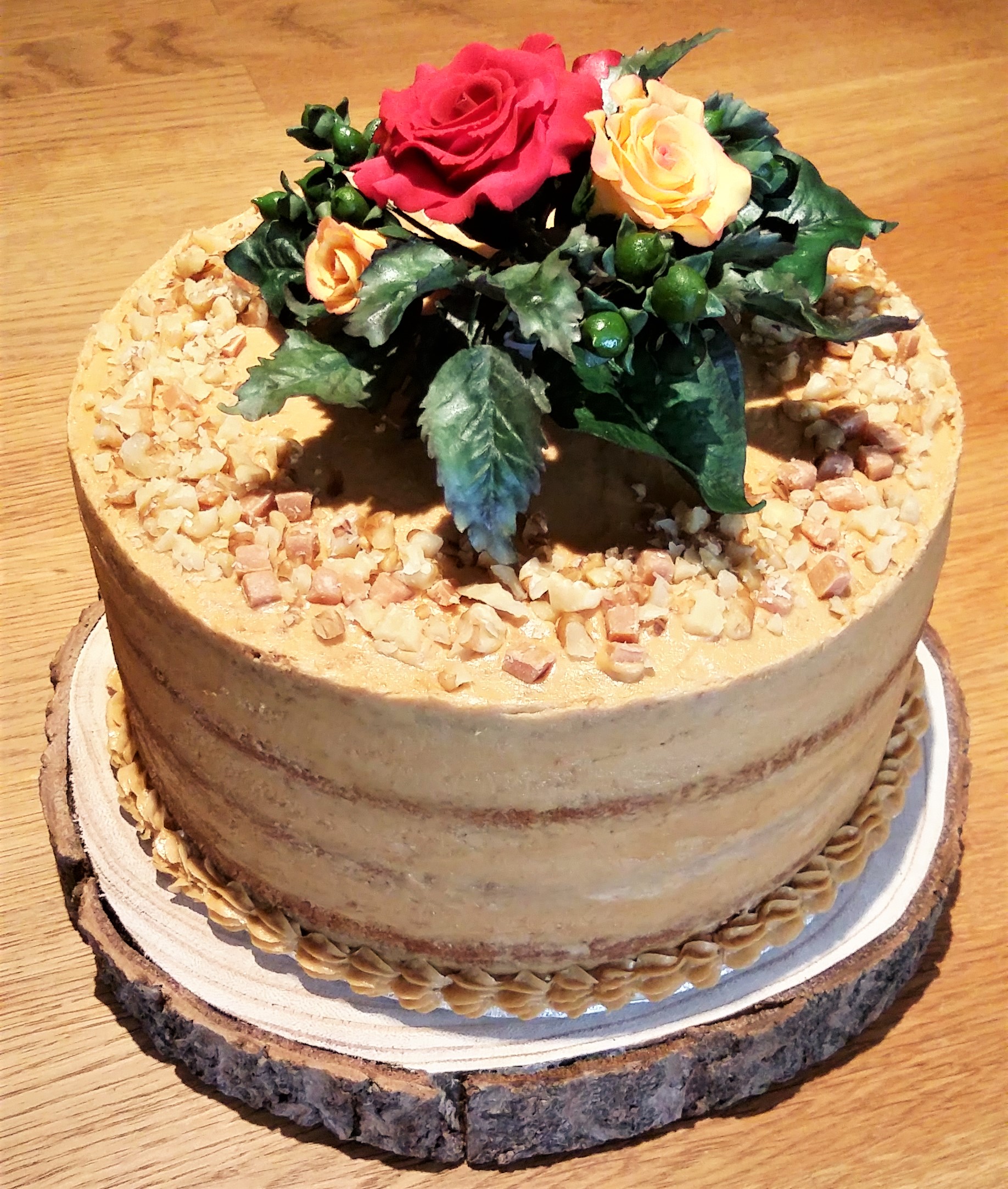 Coffee walnut cake with sugar flowers